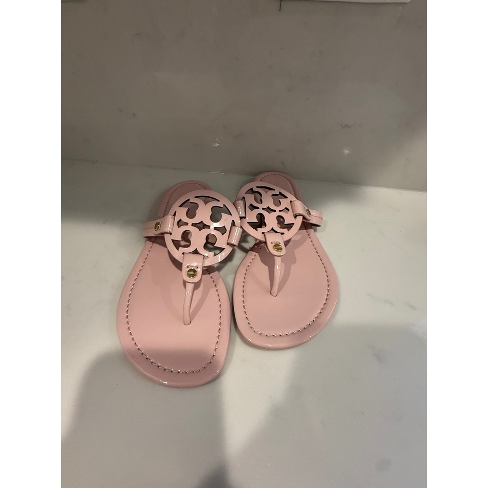 Tory Burch Miller Patent Leather Logo Thong Sandals Shell Pink Size 6